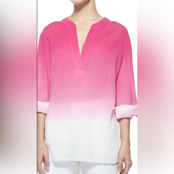 DIANE VON FURSTENBERG Esti Ombre Gauze Top in Beet with Roll Up Sleeves - Picture 4 of 9
